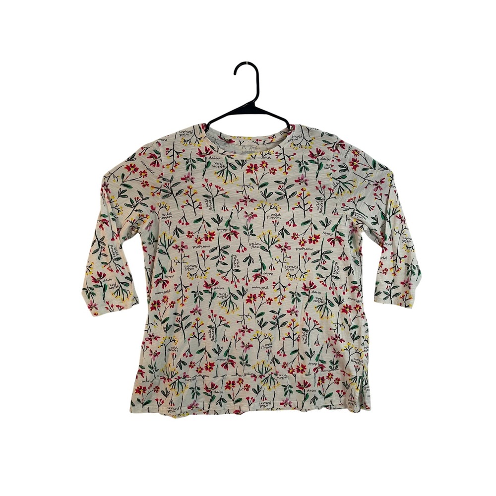 Lands End Womens White Floral Wildflower Slub Knit 3/4 Sleeve Top Size M 10-12